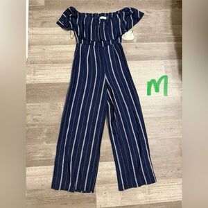 Altar'd State Off-Shoulder Navy and White Striped Jumpsuit